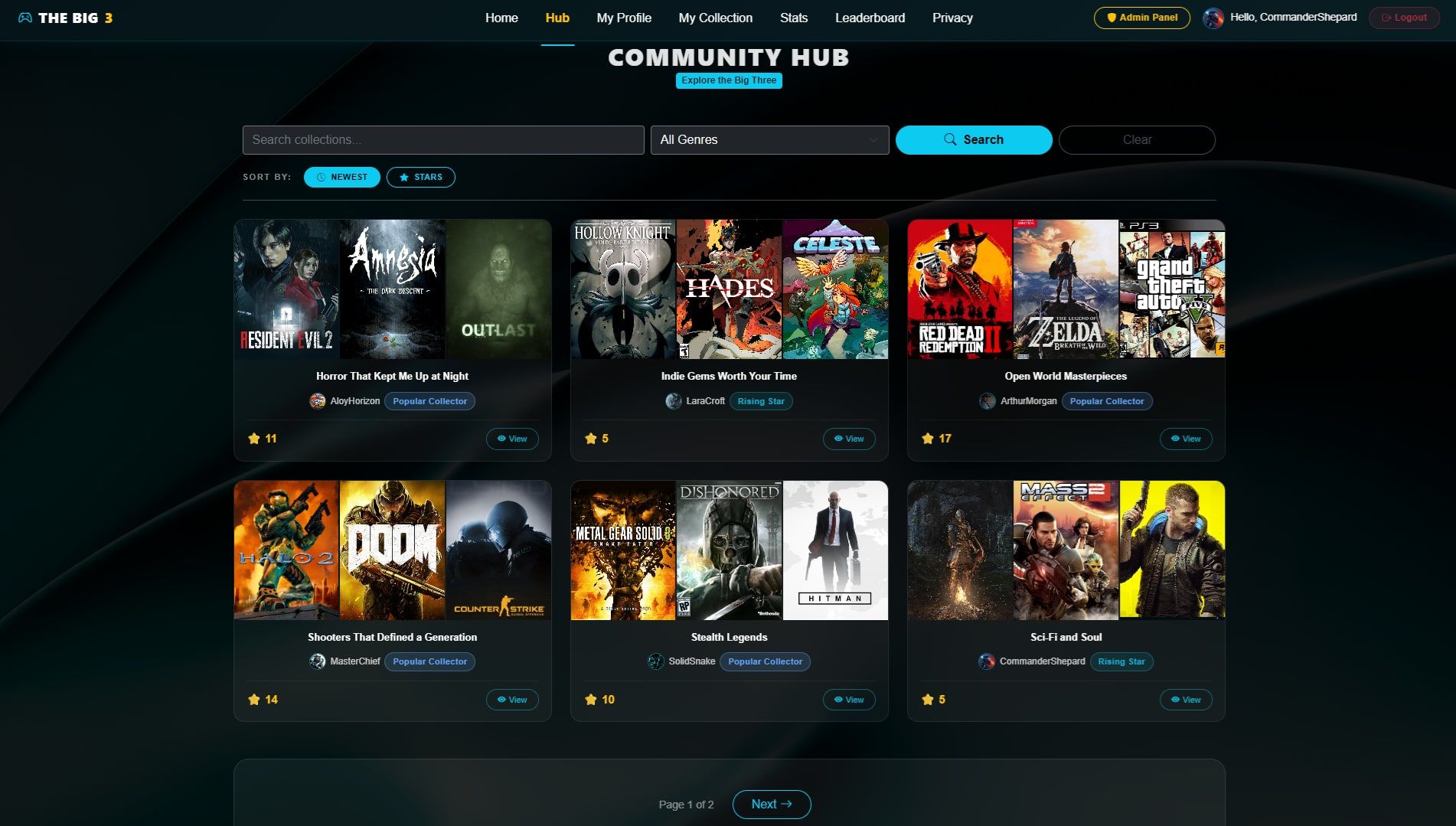 Community Hub — a grid of users’ three-game collections with search, genre filter and sorting