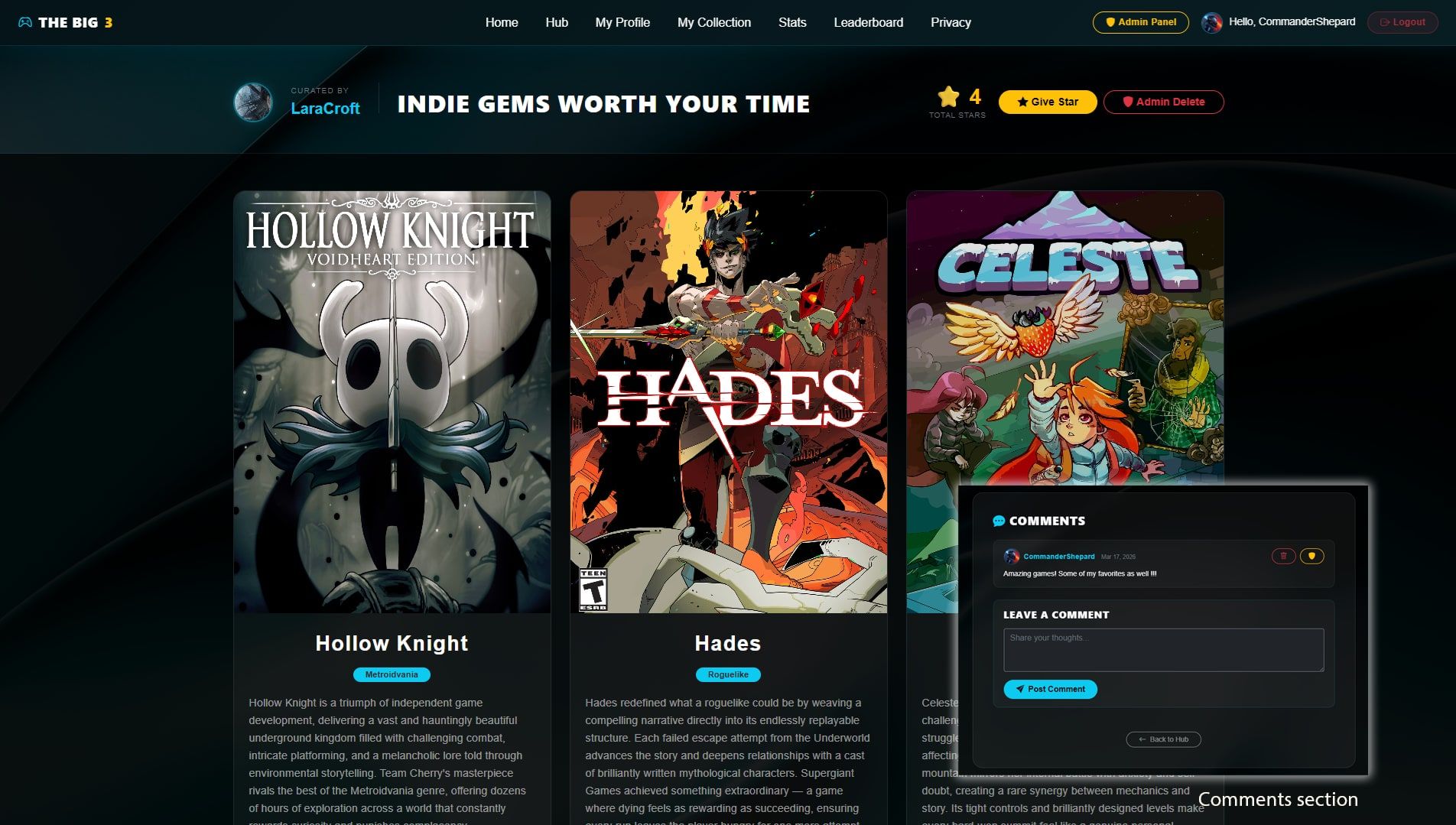 Collection page “Indie Gems Worth Your Time” with three game covers, stars and the comments section