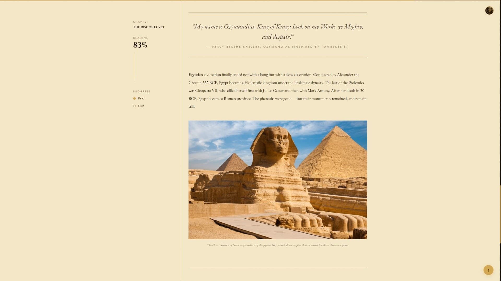 Chapter “The Rise of Egypt” with reading progress and a photo of the Sphinx and the pyramids