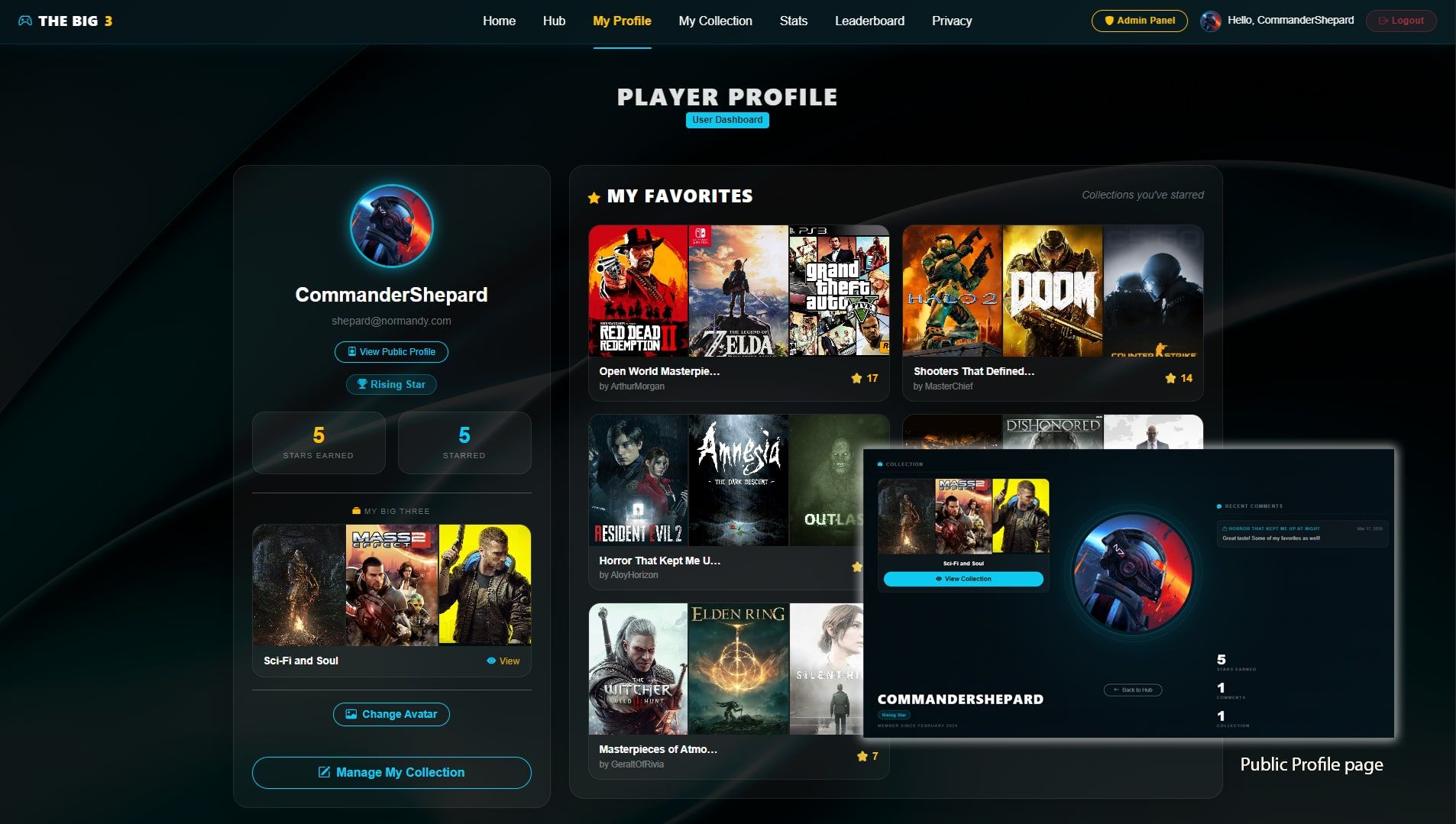 Player profile with starred favourite collections and an inset of the public profile page