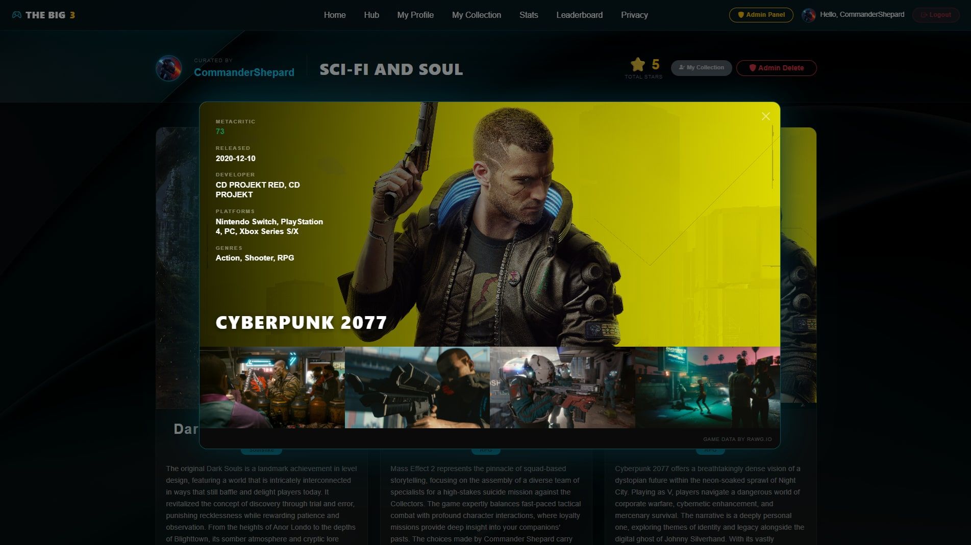Game details modal for Cyberpunk 2077 with Metacritic score, release date, developer, platforms and screenshots
