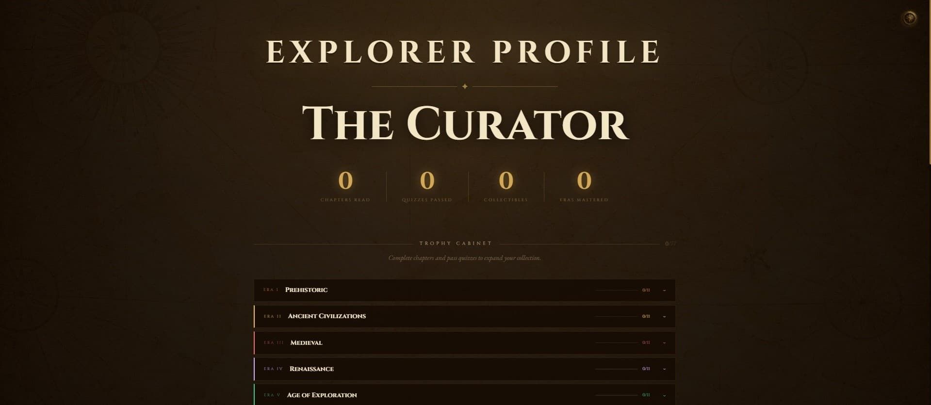 Explorer profile with progress counters and the trophy cabinet grouped by era