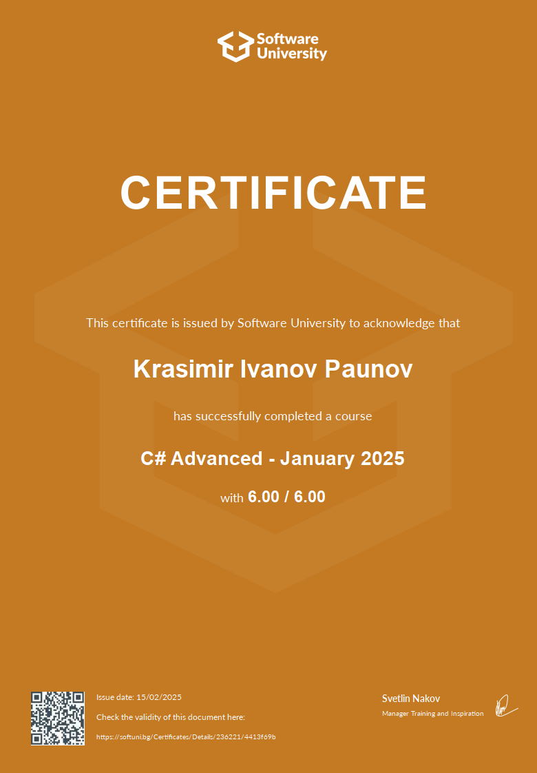 Cover page of the Software University certificate "C# Advanced - January 2025", grade 6.00 / 6.00, issued 15/02/2025