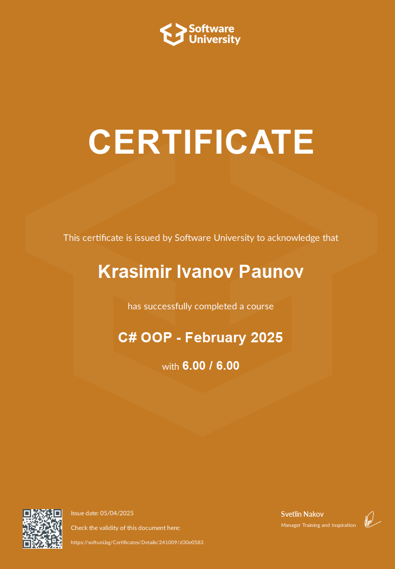 Cover page of the Software University certificate "C# OOP - February 2025", grade 6.00 / 6.00, issued 05/04/2025