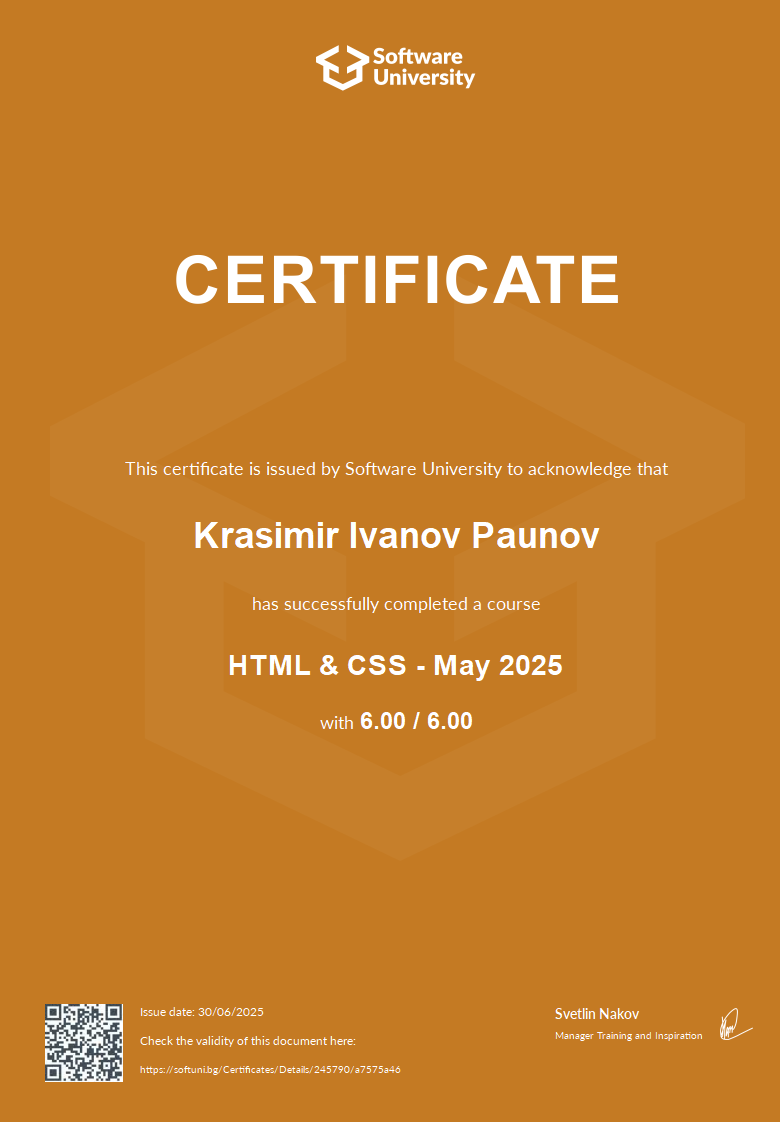 Cover page of the Software University certificate "HTML & CSS - May 2025", grade 6.00 / 6.00, issued 30/06/2025
