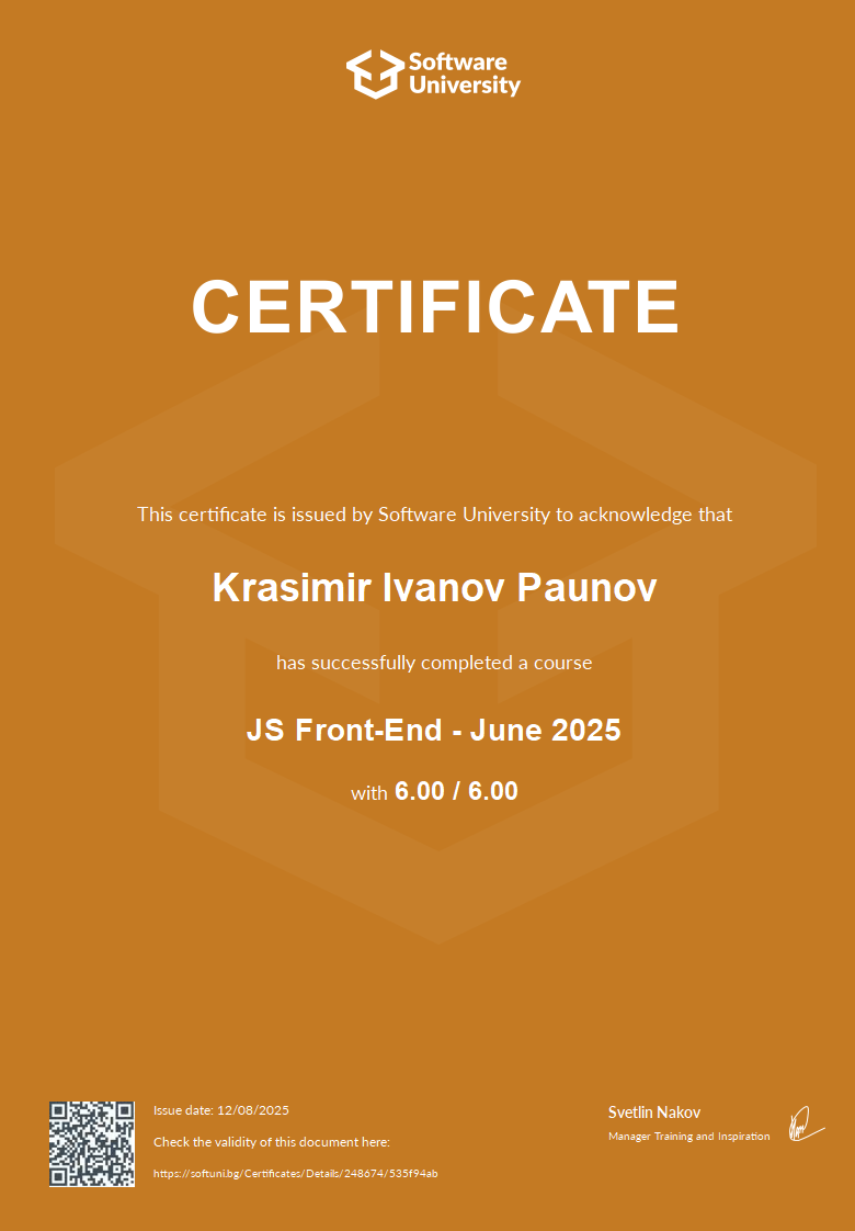 Cover page of the Software University certificate "JS Front-End - June 2025", grade 6.00 / 6.00, issued 12/08/2025