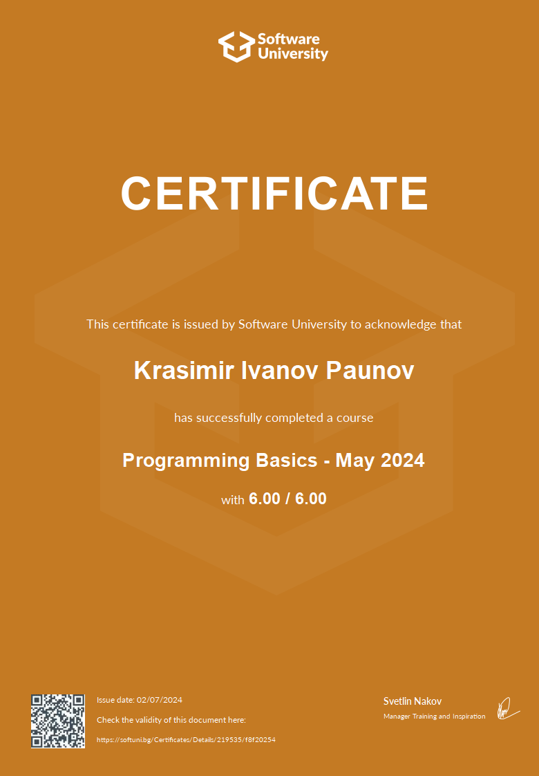 Cover page of the Software University certificate "Programming Basics - May 2024", grade 6.00 / 6.00, issued 02/07/2024