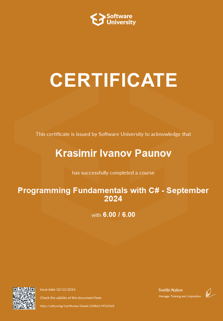 Cover page of the Software University certificate "Programming Fundamentals with C# - September 2024", grade 6.00 / 6.00, issued 02/12/2024
