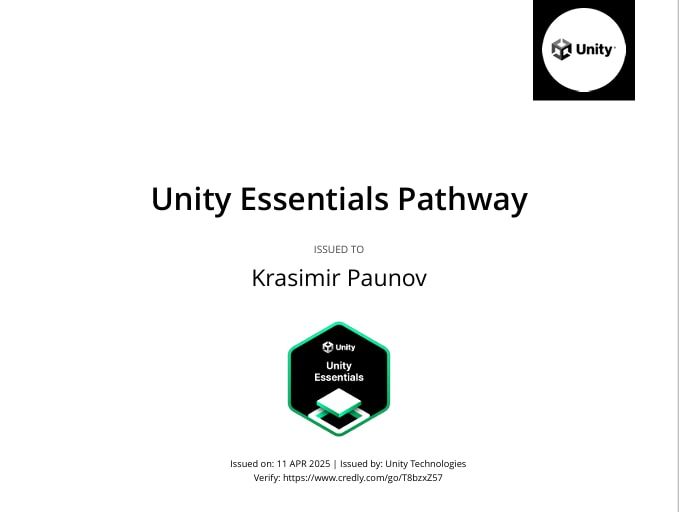 Unity Essentials Pathway certificate issued to Krasimir Paunov by Unity Technologies on 11 April 2025, with the Unity Essentials badge